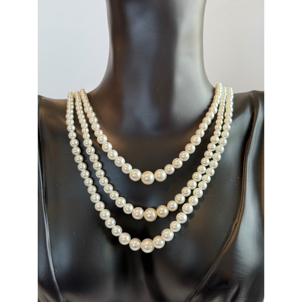 Vintage Japan Triple Strand Graduated Faux Pearl Necklace Mid Century 17in